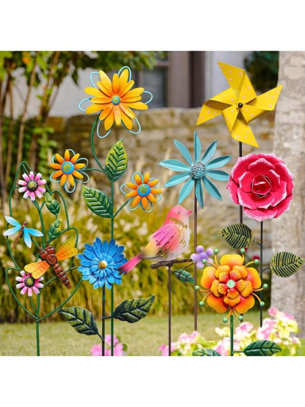 8 Pcs Metal Flower Garden Stakes - 14" Waterproof Outdoor Decor for Lawn & Patio